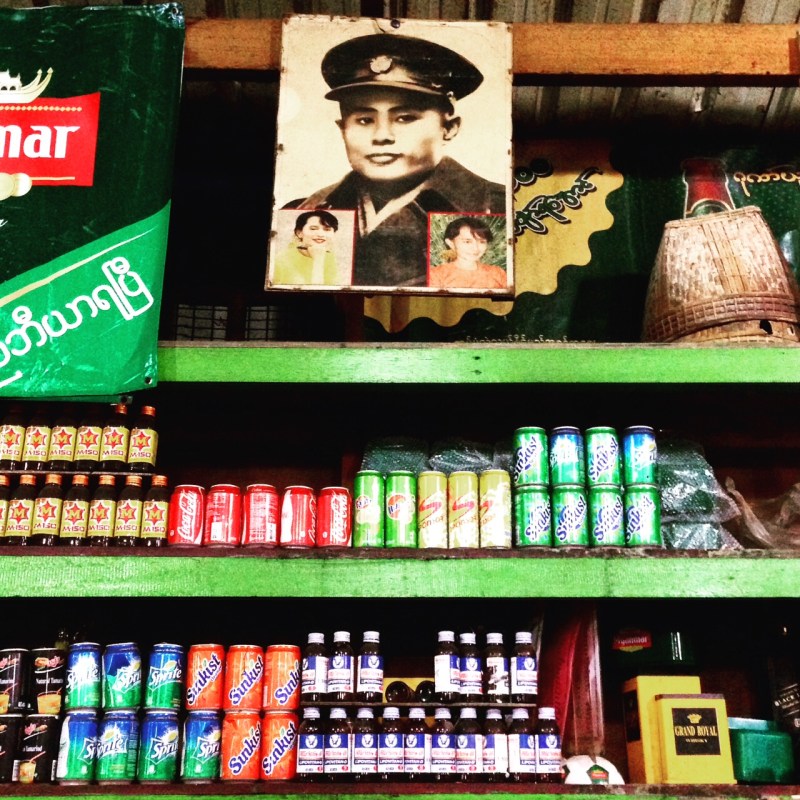 Aung San's image hangs in a restaurant at Setse, Mon State